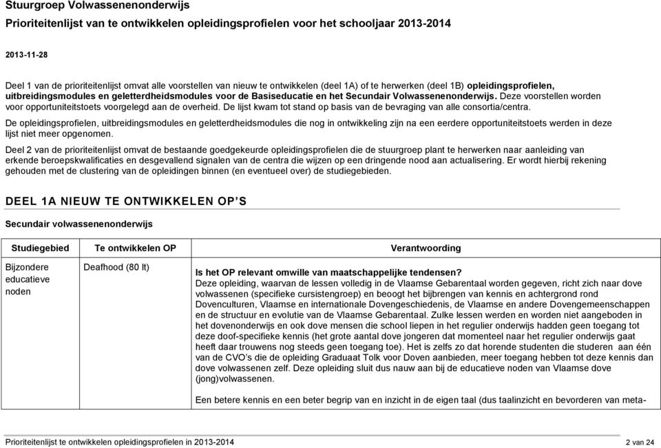 Deze voorstellen worden voor opportuniteitstoets voorgelegd aan de overheid. De lijst kwam tot stand op basis van de bevraging van alle consortia/centra.