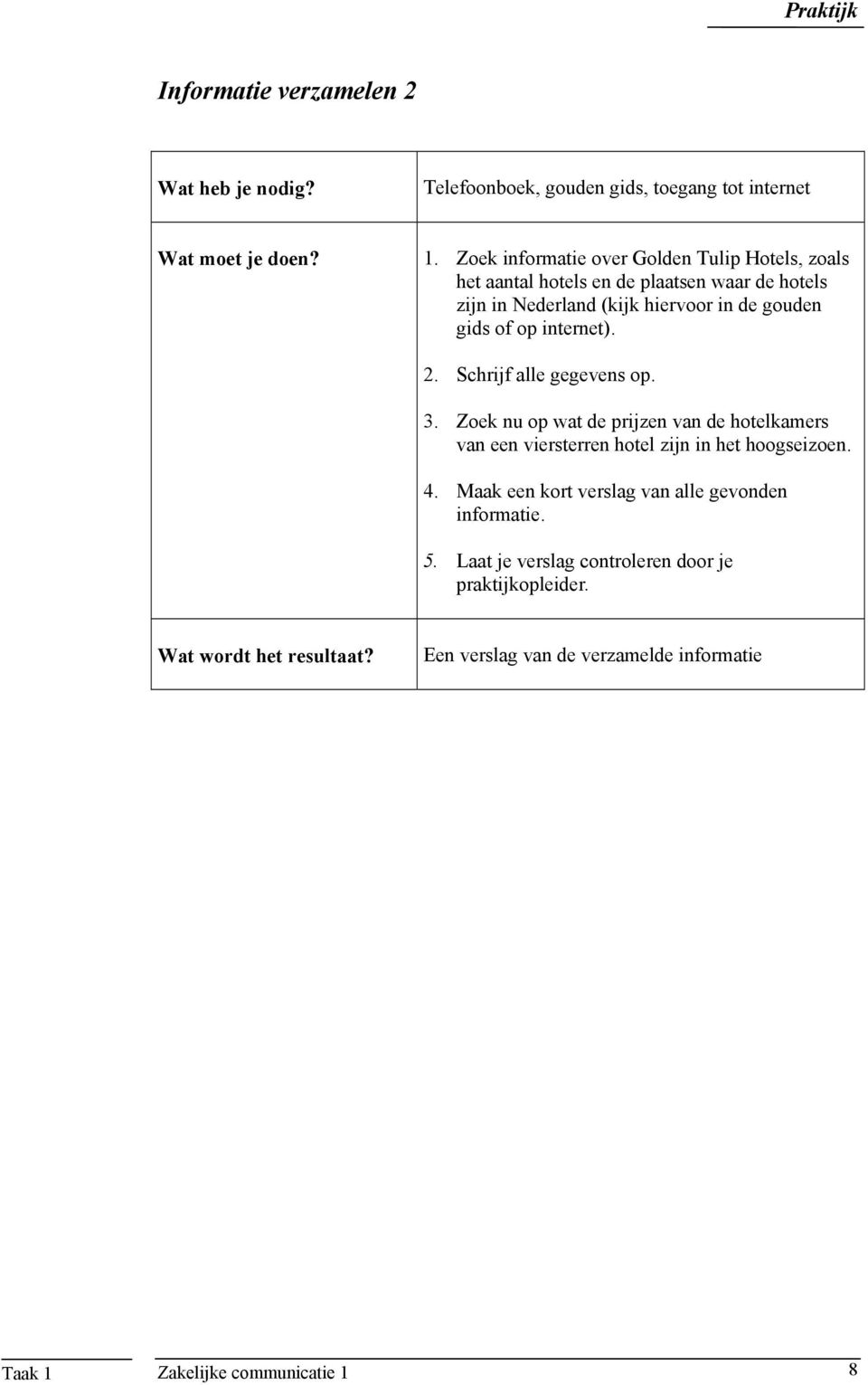 internet). 2. Schrijf alle gegevens op. 3. Zoek nu op wat de prijzen van de hotelkamers van een viersterren hotel zijn in het hoogseizoen. 4.