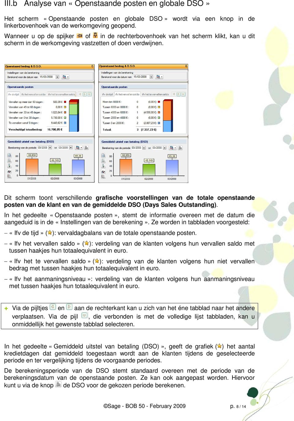 Dit scherm toont verschillende grafische voorstellingen van de totale openstaande posten van de klant en van de gemiddelde DSO (Days Sales Outstanding).