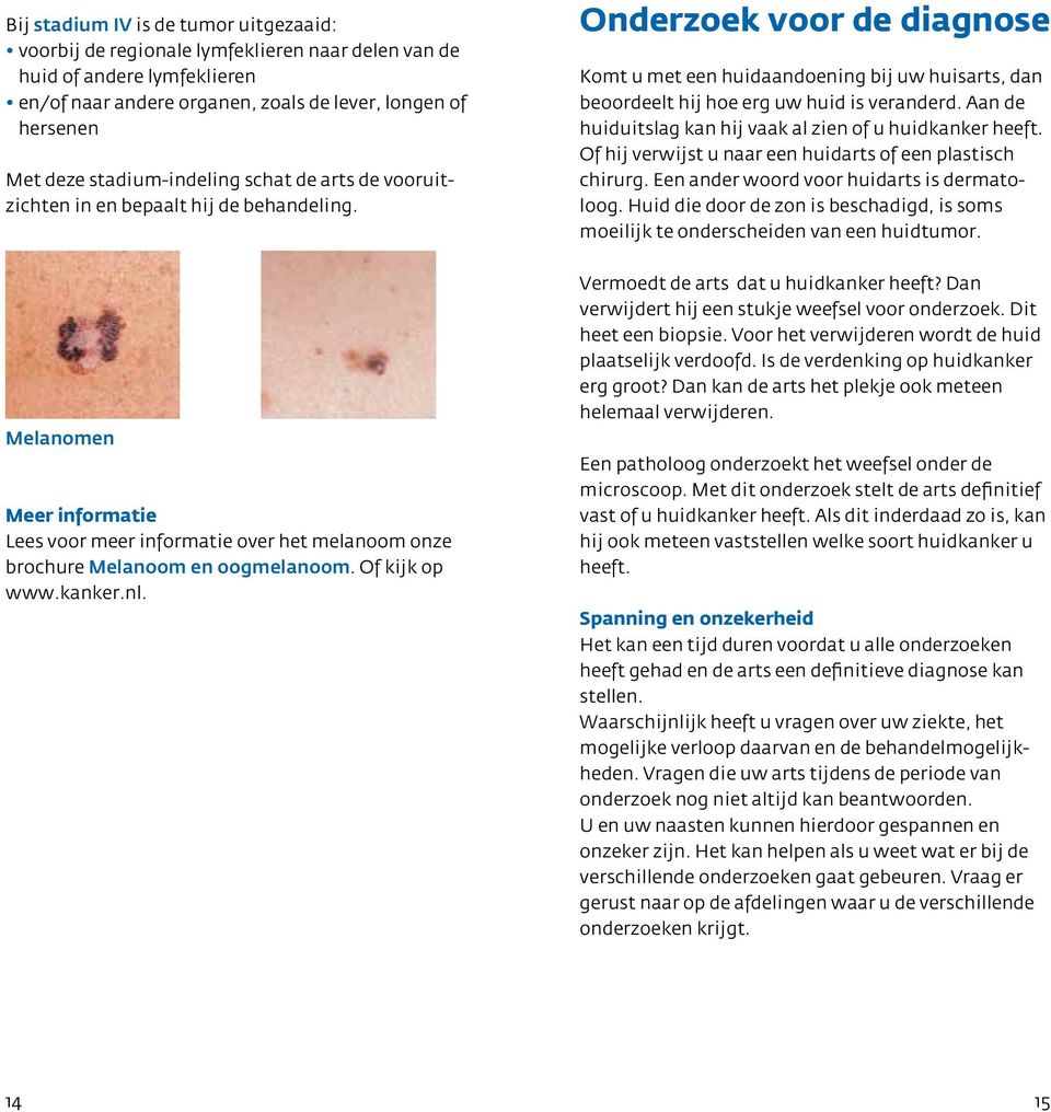 Of kijk op www.kanker.nl. Onderzoek voor de diagnose Komt u met een huidaandoening bij uw huisarts, dan beoordeelt hij hoe erg uw huid is veranderd.