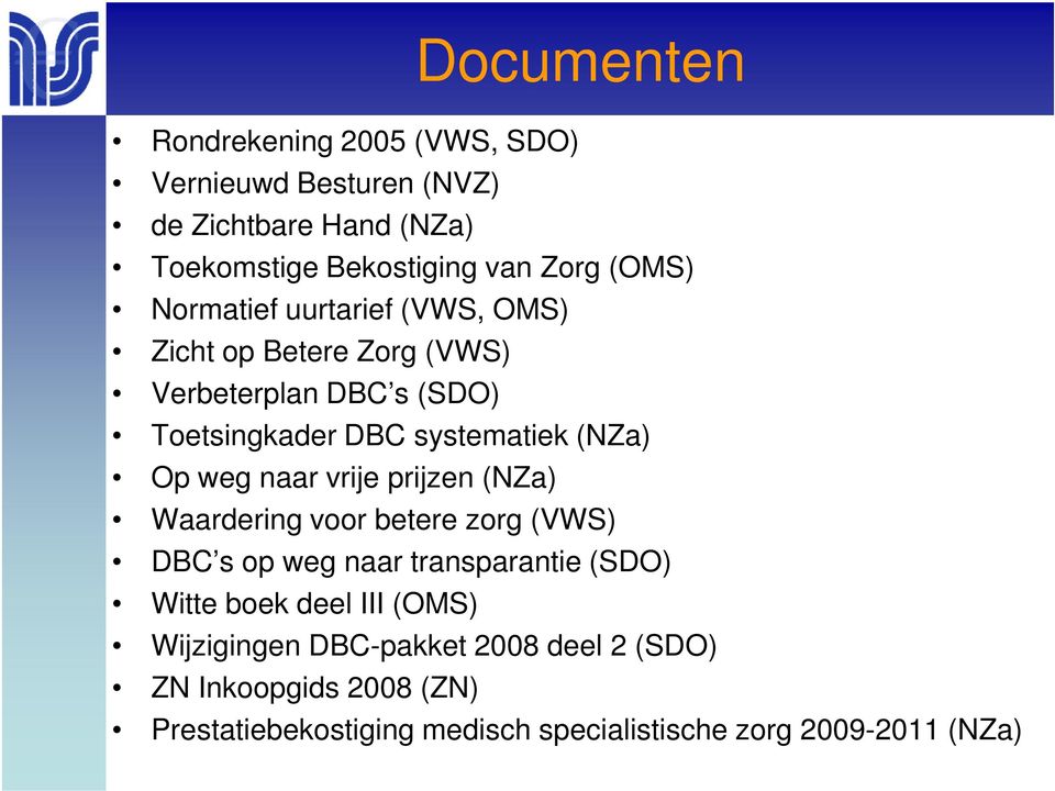 Op weg naar vrije prijzen (NZa) Waardering voor betere zorg (VWS) DBC s op weg naar transparantie (SDO) Witte boek deel III