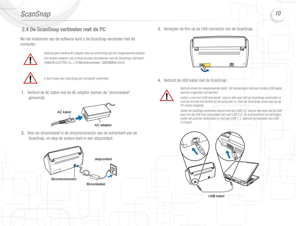 LTD Modelnummer: SED80N2-24.0 U kunt maar een ScanSnap per computer verbinden. 1. Verbind de AC kabel met de AC adaptor (samen de stroomkabel genoemd). AC kabel AC adaptor 4.