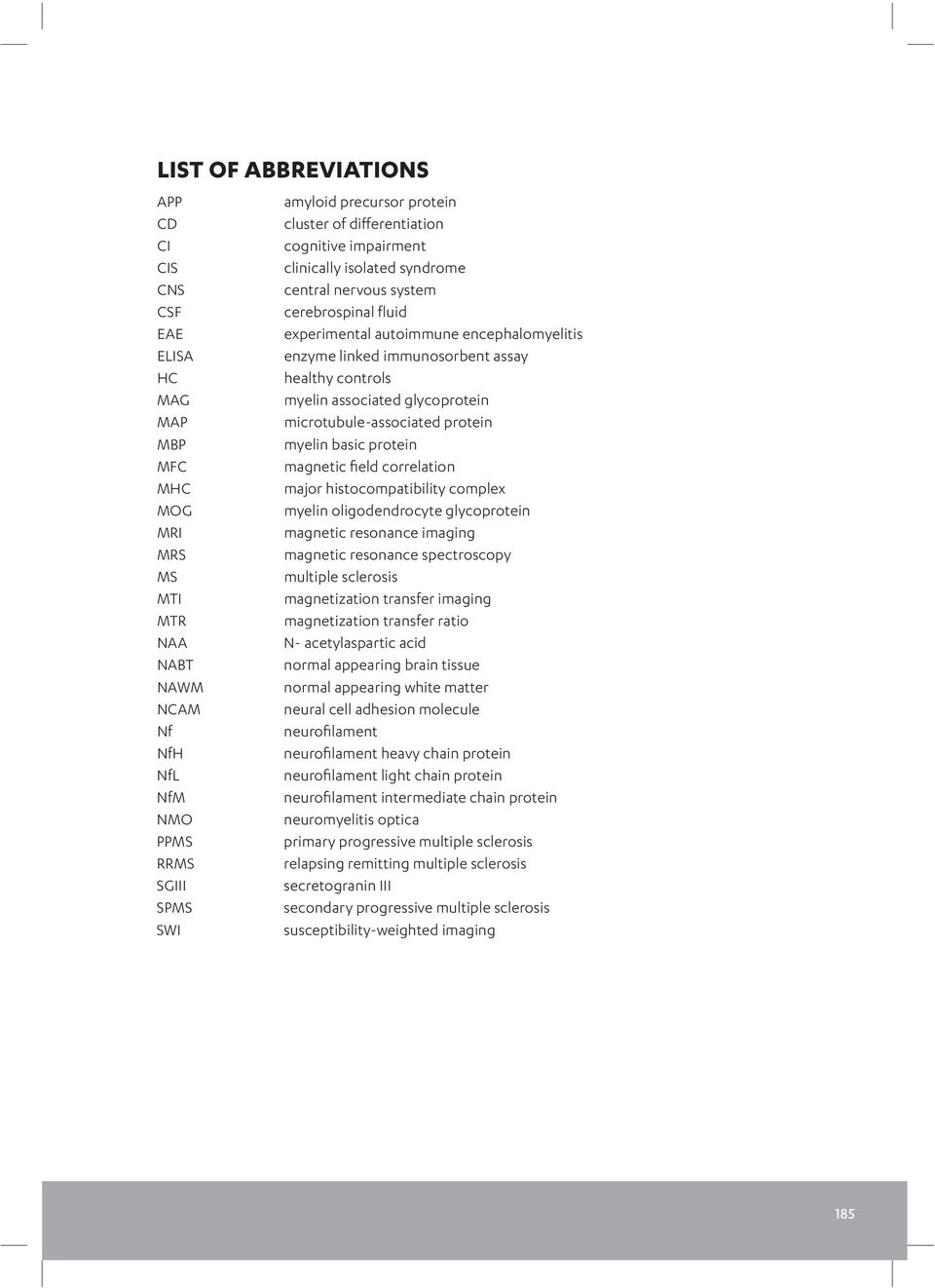 MFC magnetic field correlation MHC major histocompatibility complex MOG myelin oligodendrocyte glycoprotein MRI magnetic resonance imaging MRS magnetic resonance spectroscopy MS multiple sclerosis