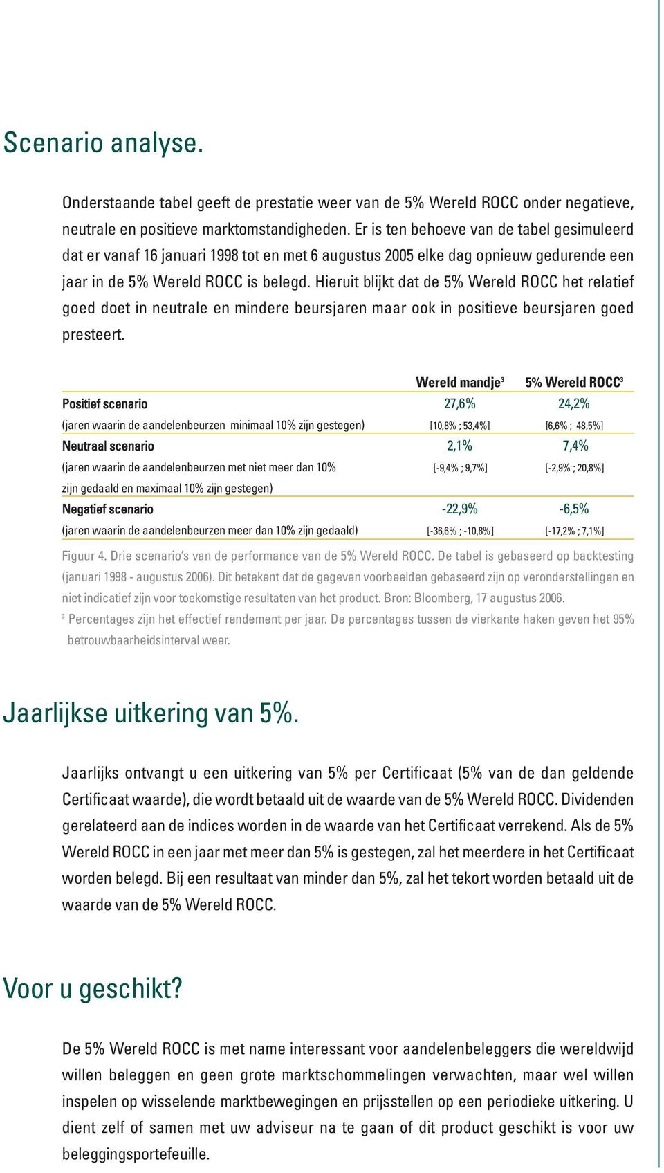 Hieruit blijkt dat de 5% Wereld ROCC het relatief goed doet in neutrale en mindere beursjaren maar ook in positieve beursjaren goed presteert.