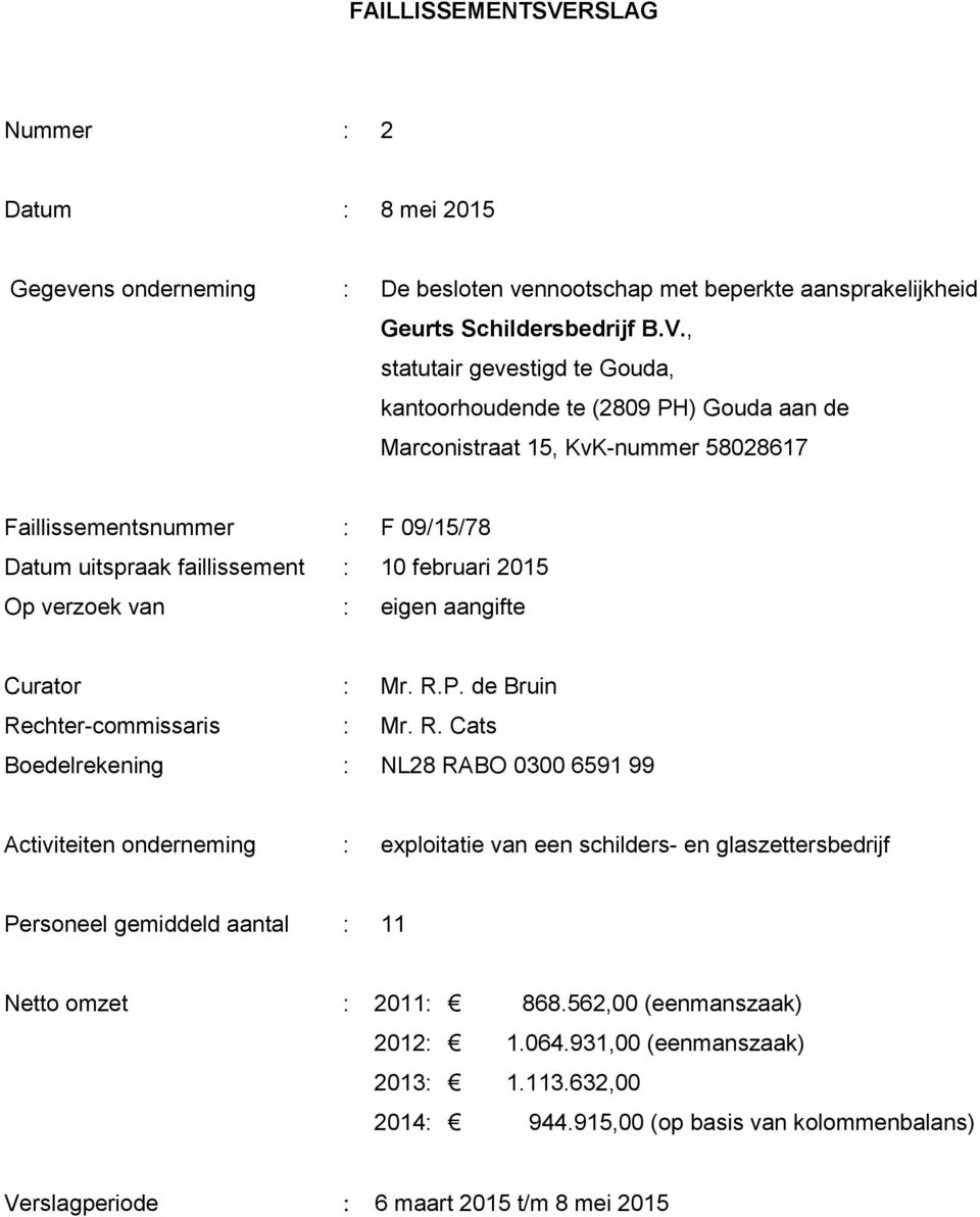 , statutair gevestigd te Gouda, kantoorhoudende te (2809 PH) Gouda aan de Marconistraat 15, KvK-nummer 58028617 Faillissementsnummer : F 09/15/78 Datum uitspraak faillissement : 10 februari 2015