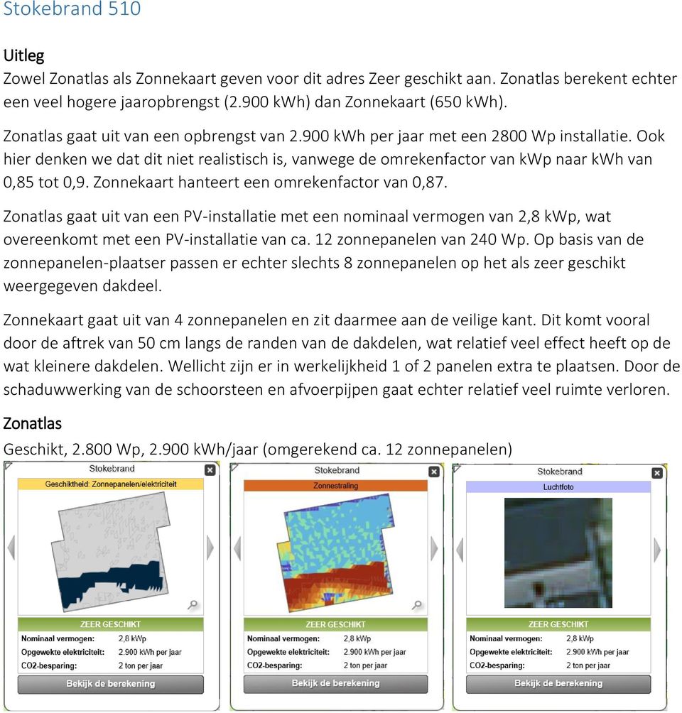 Zonnekaart hanteert een omrekenfactor van 0,87. Zonatlas gaat uit van een PV-installatie met een nominaal vermogen van 2,8 kwp, wat overeenkomt met een PV-installatie van ca.