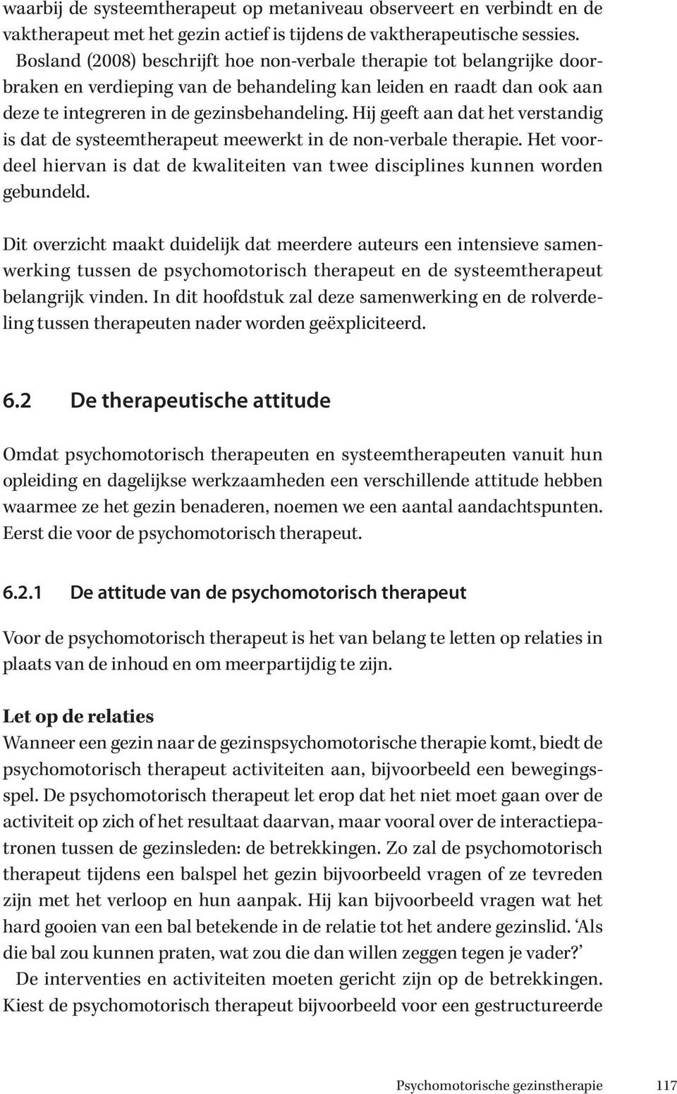 Hij geeft aan dat het verstandig is dat de systeemtherapeut meewerkt in de non-verbale therapie. Het voordeel hiervan is dat de kwaliteiten van twee disciplines kunnen worden gebundeld.