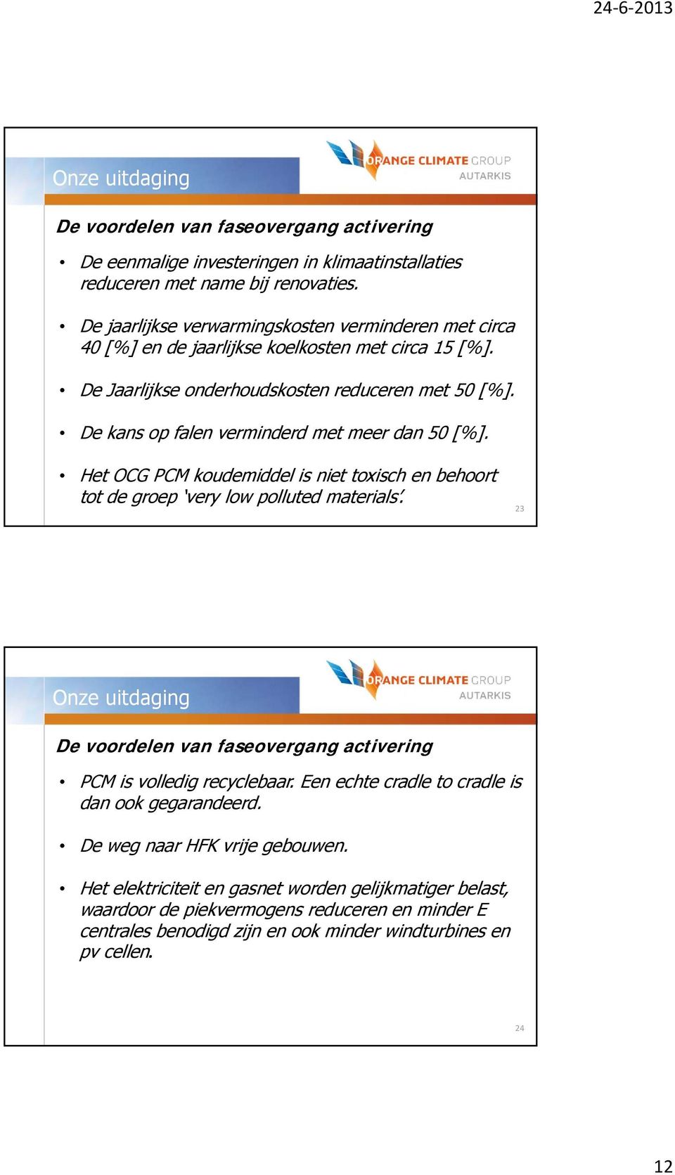 De kans op falen verminderd met meer dan 50 [%]. Het OCG PCM koudemiddel is niet toxisch en behoort tot de groep very low polluted materials.