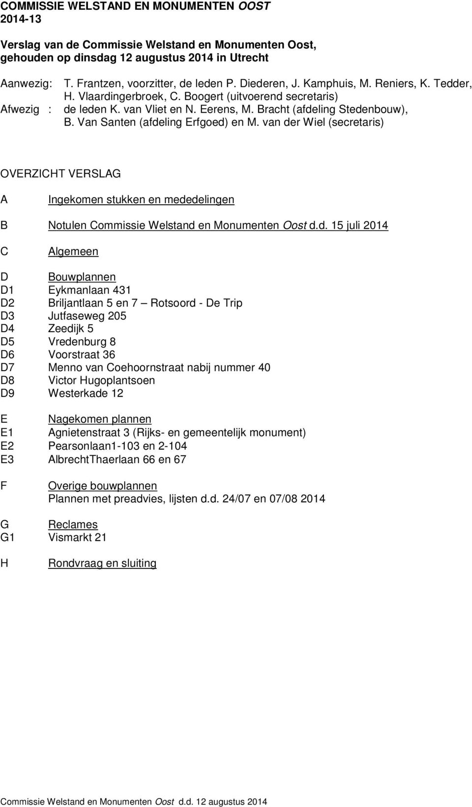 Bracht (afdeling Stedenbouw), B. Van Santen (afdeling Erfgoed) en M. van der Wiel (secretaris) OVERZICHT VERSLAG A Ingekomen stukken en mededelingen B Notulen Commissie Welstand en Monumenten Oost d.