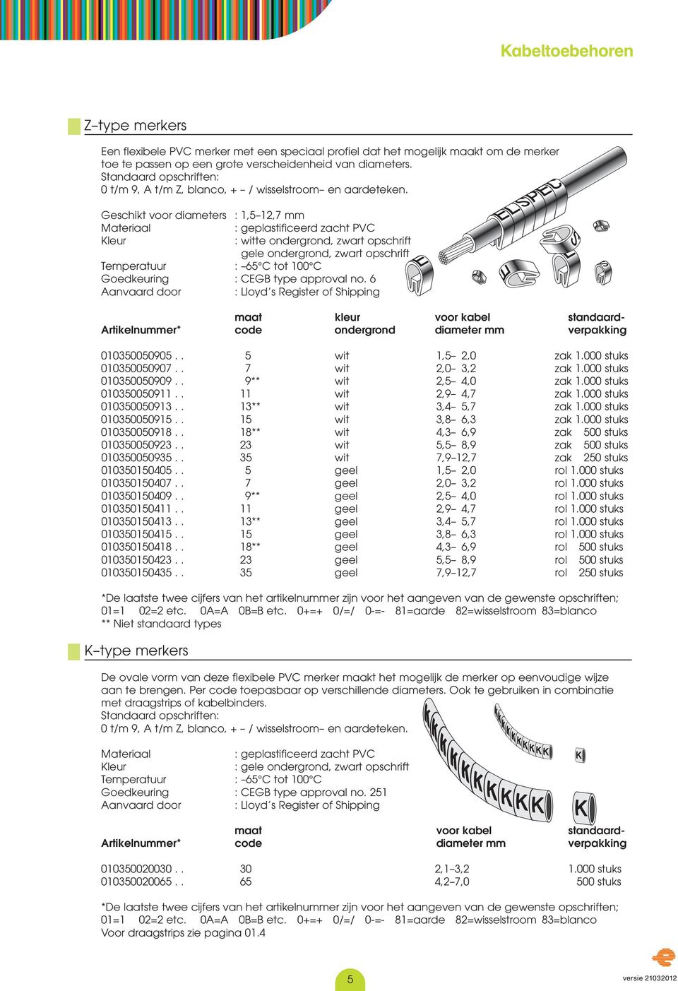 Geschikt voor diameters : 1,5 12,7 mm : geplastificeerd zacht PVC : witte ondergrond, zwart opschrift gele ondergrond, zwart opschrift Temperatuur : 65 C tot 100 C Goedkeuring : CEGB type approval no.