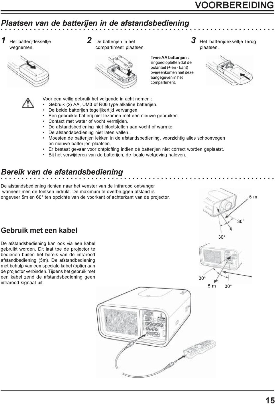 Voor een veilig gebruik het volgende in acht nemen : Gebruik (2) AA, UM3 of R06 type alkaline batterijen. De beide batterijen tegelijkertijd vervangen.