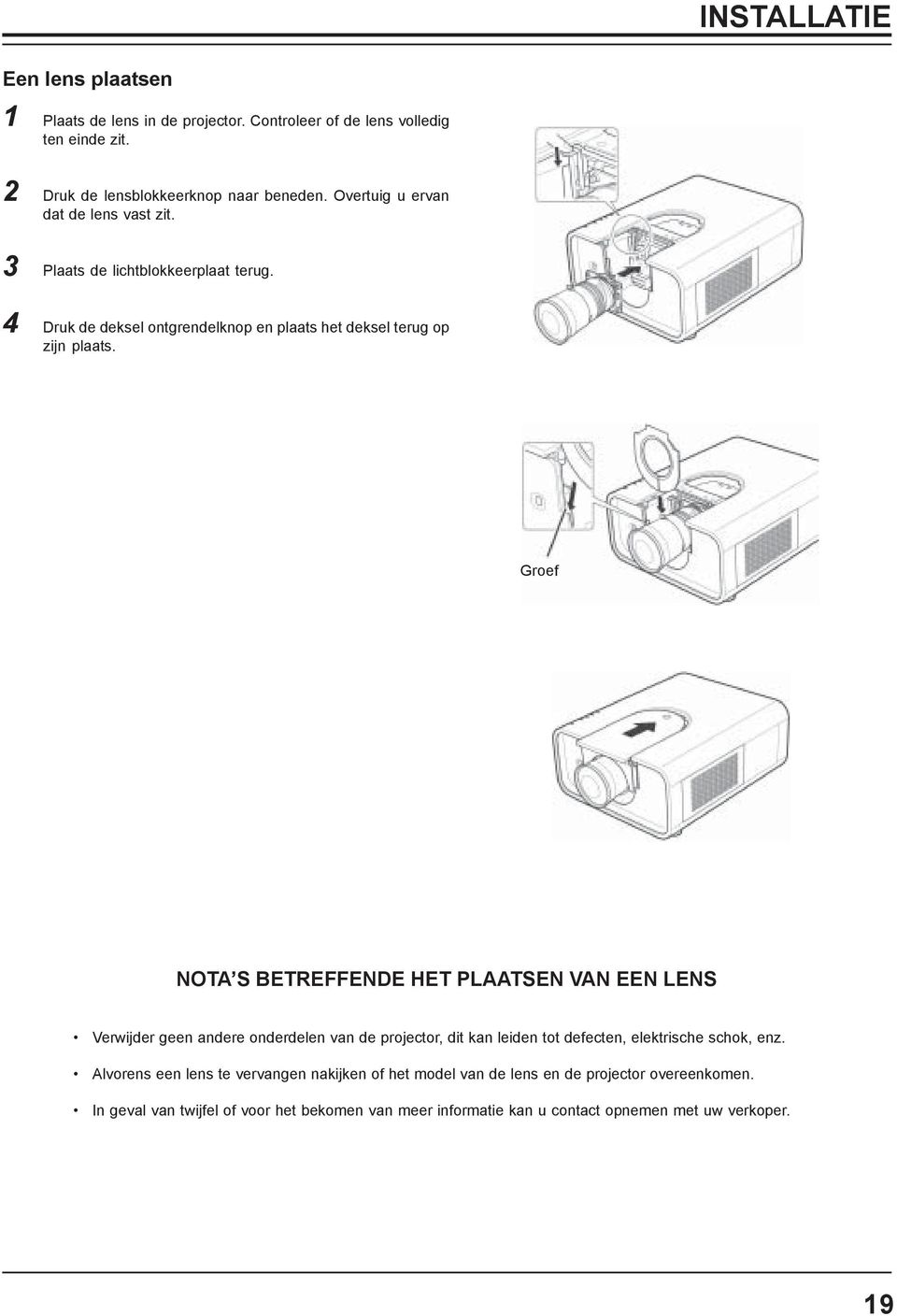 Groef NOTA S BETREFFENDE HET PLAATSEN VAN EEN LENS Verwijder geen andere onderdelen van de projector, dit kan leiden tot defecten, elektrische schok, enz.