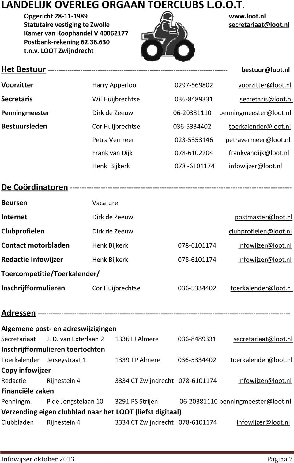 nl Penningmeester Dirk de Zeeuw 06-20381110 penningmeester@loot.nl Bestuursleden Cor Huijbrechtse 036-5334402 toerkalender@loot.nl Petra Vermeer 023-5353146 petravermeer@loot.