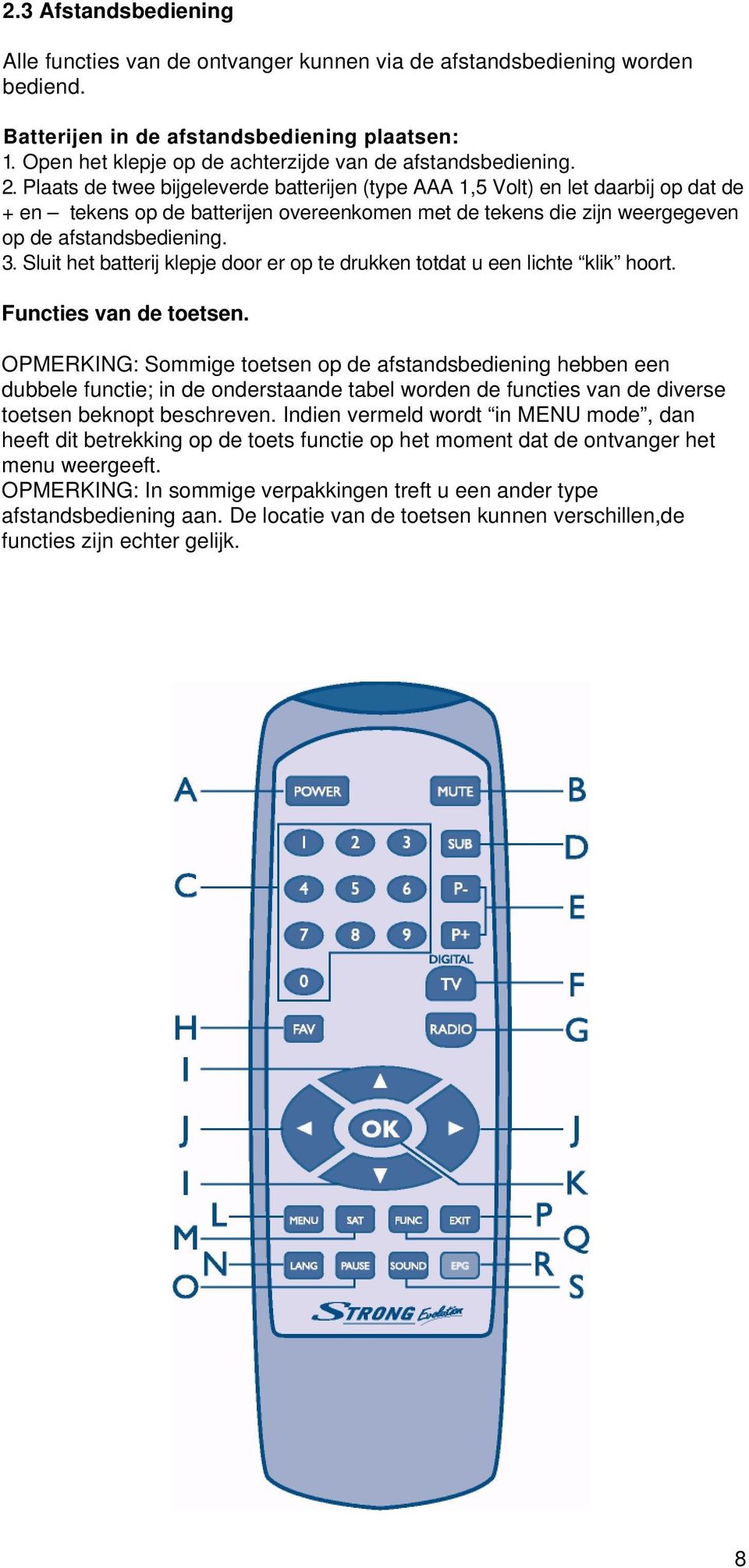 Plaats de twee bijgeleverde batterijen (type AAA 1,5 Volt) en let daarbij op dat de + en tekens op de batterijen overeenkomen met de tekens die zijn weergegeven op de afstandsbediening. 3.