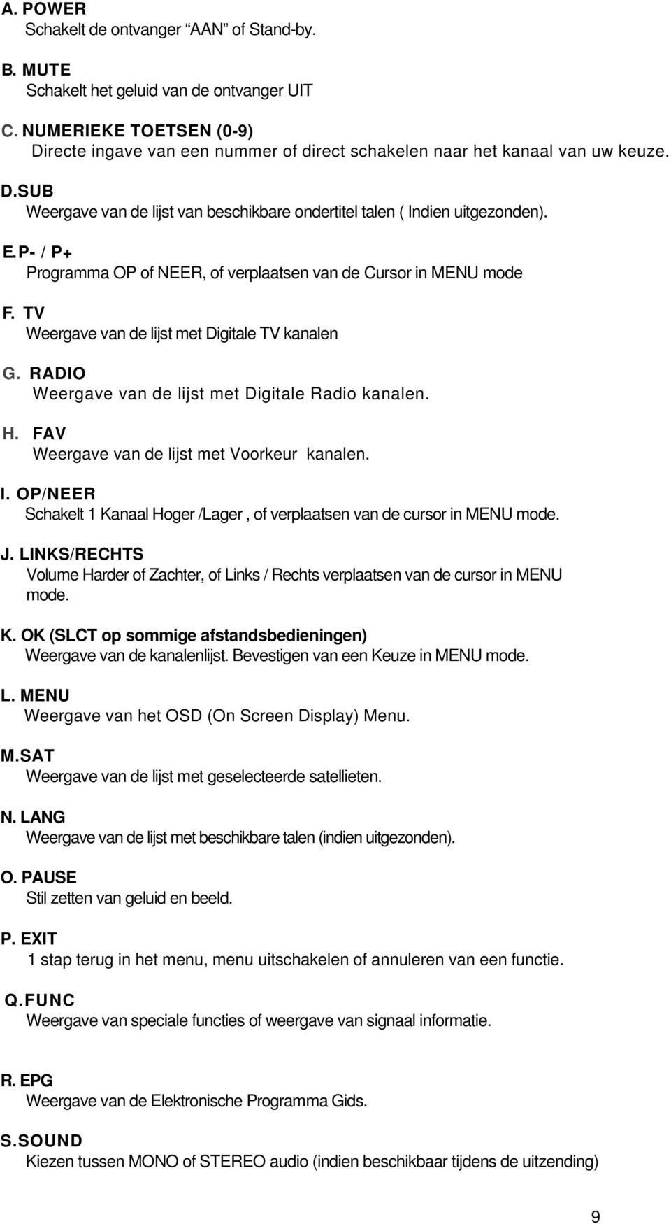 P- / P+ Programma OP of NEER, of verplaatsen van de Cursor in MENU mode F. TV Weergave van de lijst met Digitale TV kanalen G. RADIO Weergave van de lijst met Digitale Radio kanalen. H.