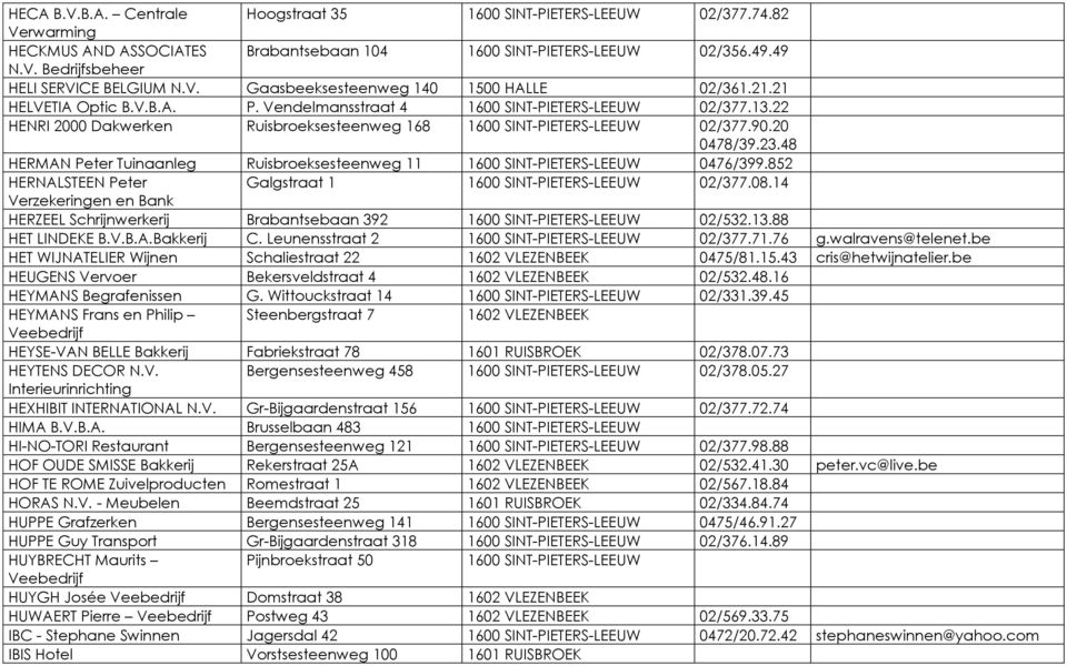 22 HENRI 2000 Dakwerken Ruisbroeksesteenweg 168 1600 SINT-PIETERS-LEEUW 02/377.90.20 0478/39.23.48 HERMAN Peter Tuinaanleg Ruisbroeksesteenweg 11 1600 SINT-PIETERS-LEEUW 0476/399.