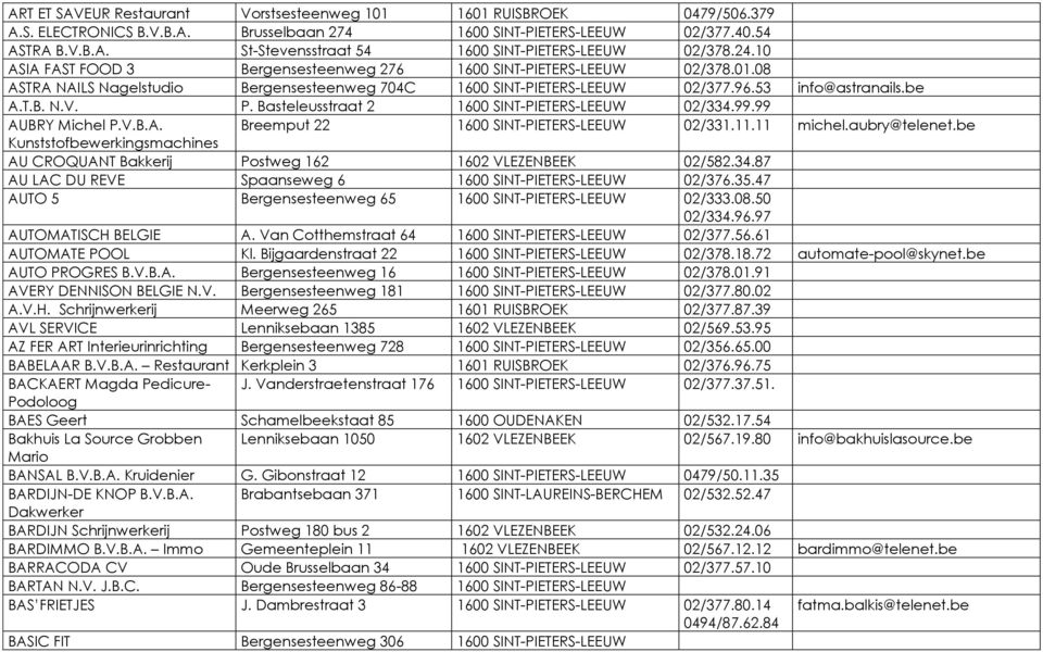 Basteleusstraat 2 1600 SINT-PIETERS-LEEUW 02/334.99.99 AUBRY Michel P.V.B.A. Breemput 22 1600 SINT-PIETERS-LEEUW 02/331.11.11 michel.aubry@telenet.