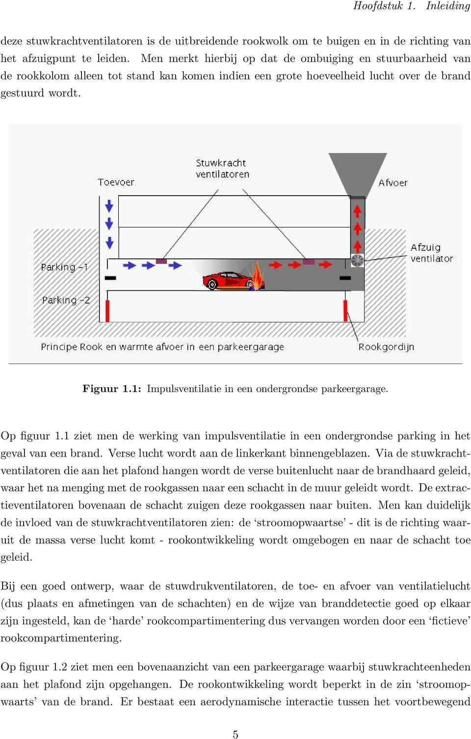1: Impulsventilatie in een ondergrondse parkeergarage. Op figuur 1.1 ziet men de werking van impulsventilatie in een ondergrondse parking in het geval van een brand.