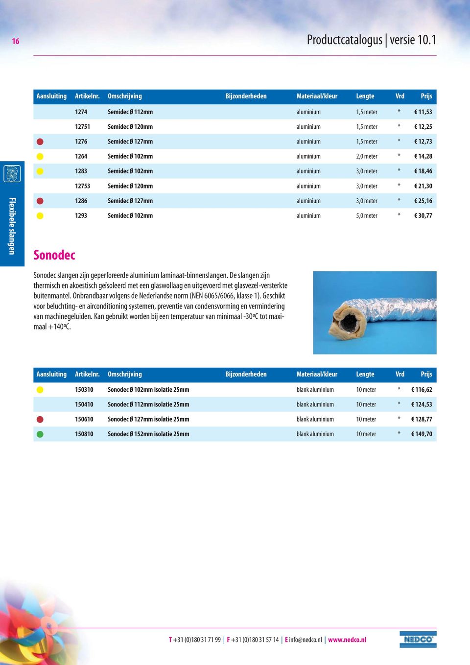meter * 12,73 1264 Semidec Ø 102mm aluminium 2,0 meter * 14,28 1283 Semidec Ø 102mm aluminium 3,0 meter * 18,46 12753 Semidec Ø 120mm aluminium 3,0 meter * 21,30 Flexibele slangen Sonodec 1286