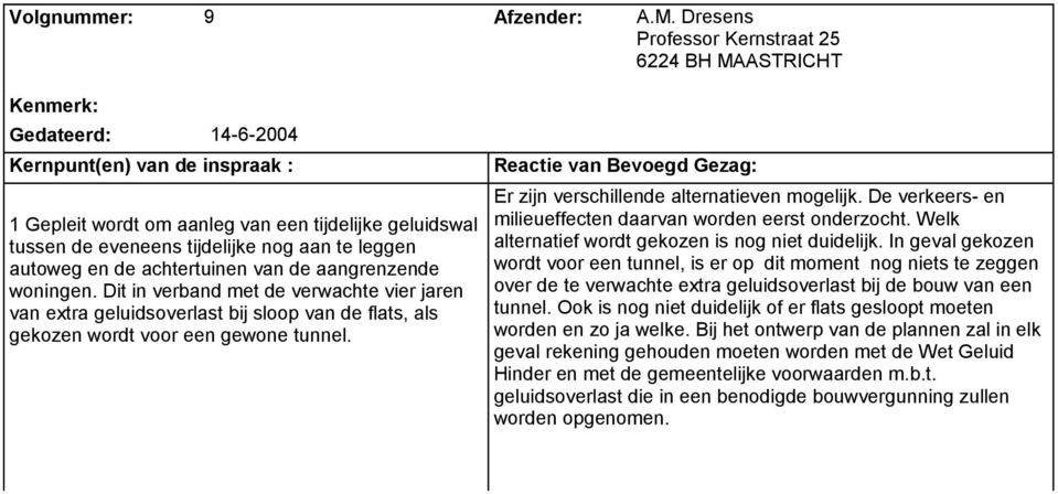 achtertuinen van de aangrenzende woningen. Dit in verband met de verwachte vier jaren van extra geluidsoverlast bij sloop van de flats, als gekozen wordt voor een gewone tunnel.