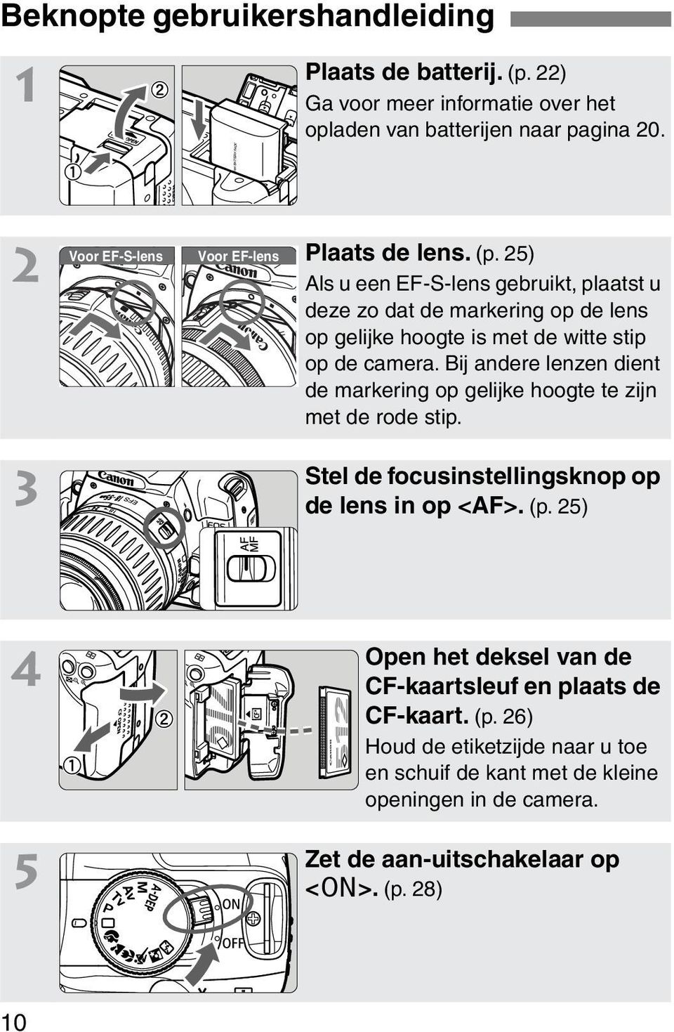 25) Als u een EF-S-lens gebruit, plaatst u deze zo dat de marering op de lens op gelije hoogte is met de witte stip op de camera.