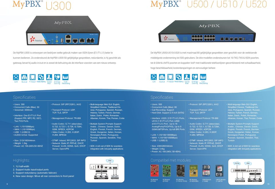 De MyPBX U500/U510/U520 is met maximaal 80 gelijktijdige gesprekken zeer geschikt voor de veeleisende middelgrote onderneming tot 500 gebruikers.