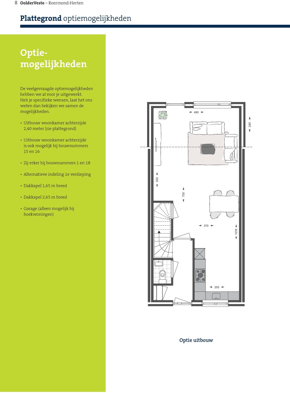 verdieping Dakkapel 1,65 m breed Dakkapel 2,65 m breed 346 250 Garage (alleen mogelijk bij hoekwoningen) 250 Optie uitbouw 240 265 De