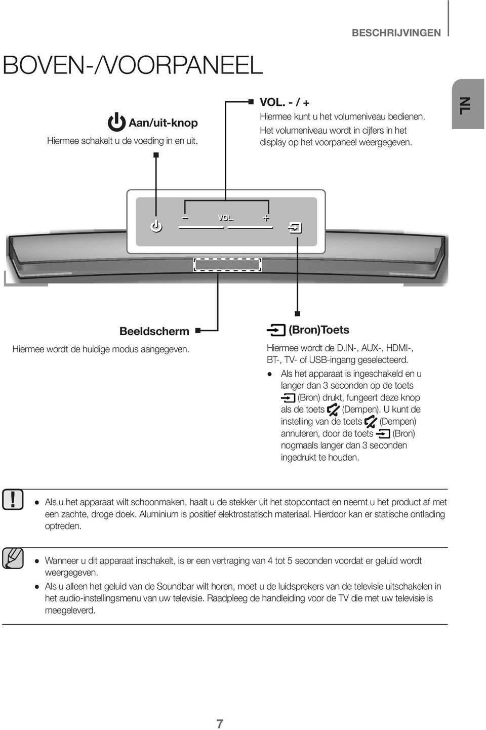 IN-, AUX-, HDMI-, BT-, TV- of USB-ingang geselecteerd. Als het apparaat is ingeschakeld en u langer dan 3 seconden op de toets (Bron) drukt, fungeert deze knop als de toets (Dempen).