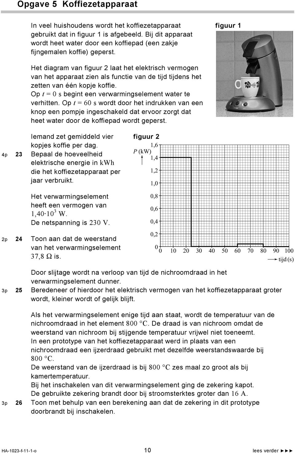 Het diagram van figuur 2 laat het elektrisch vermogen van het apparaat zien als functie van de tijd tijdens het zetten van één kopje koffie.