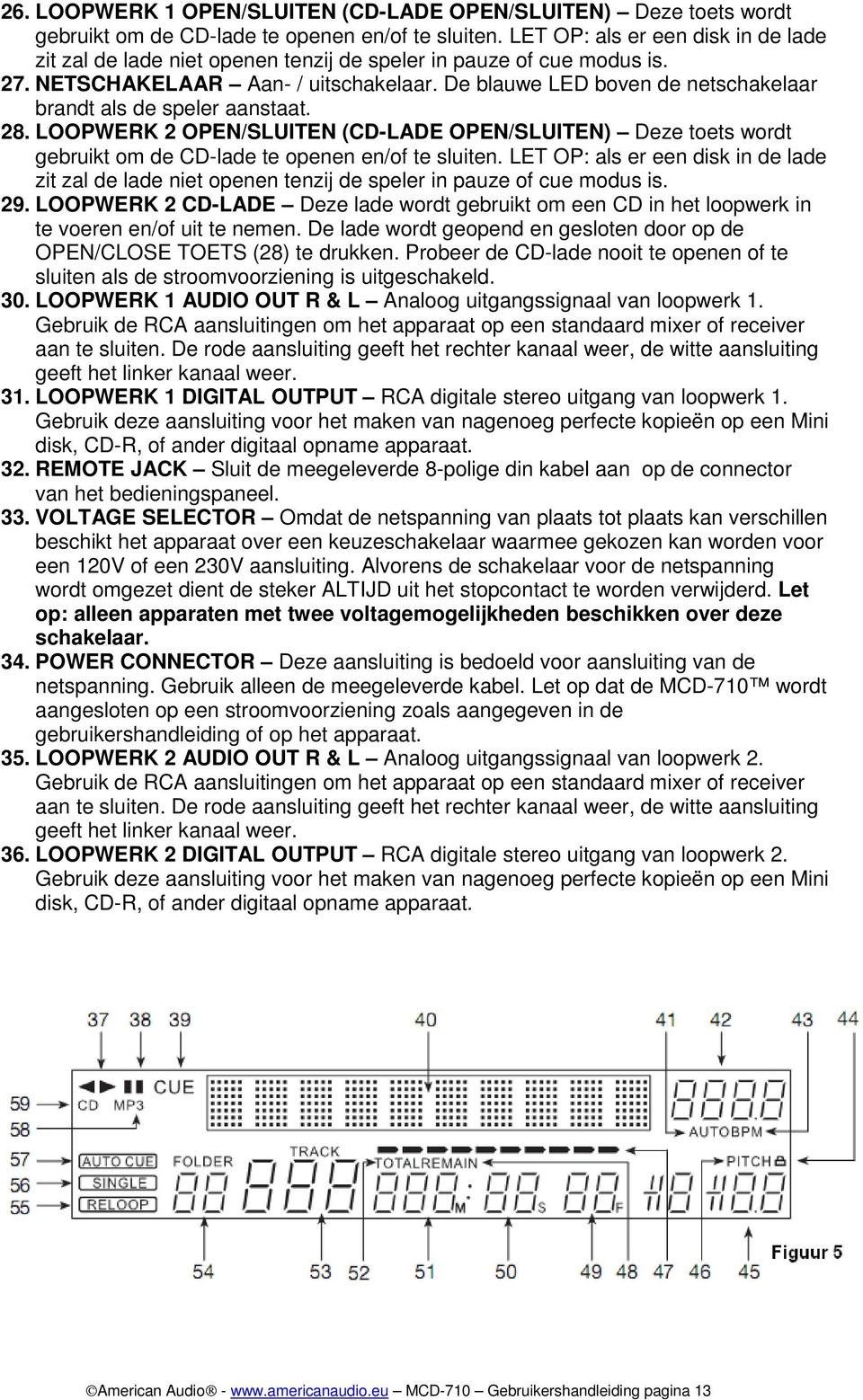 De blauwe LED boven de netschakelaar brandt als de speler aanstaat. 28. LOOPWERK 2 OPEN/SLUITEN (CD-LADE OPEN/SLUITEN) Deze toets wordt gebruikt om de CD-lade te openen en/of te sluiten.