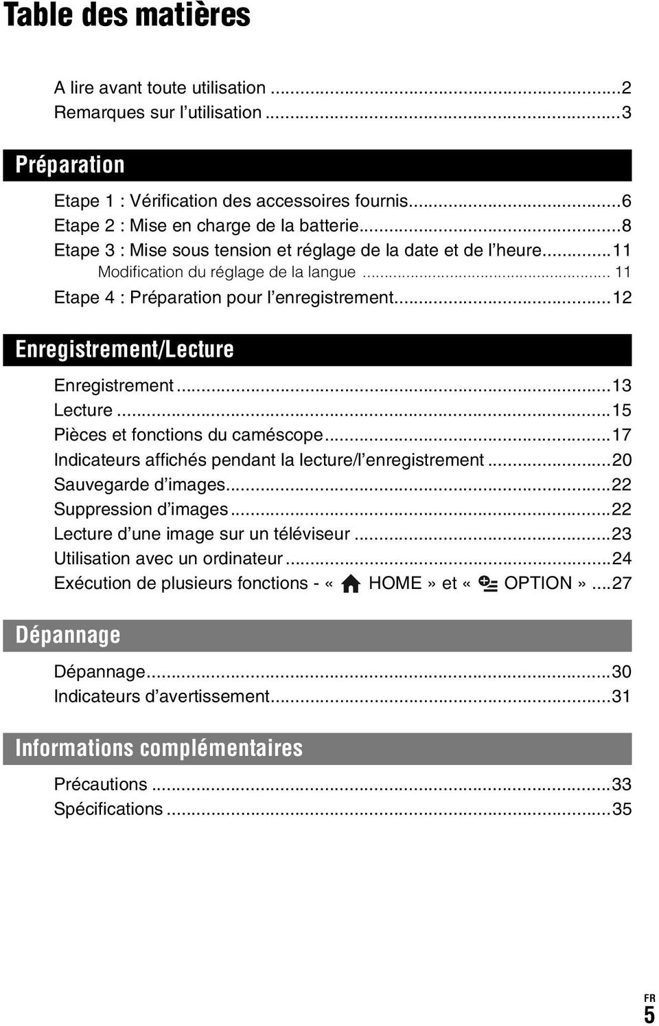 ..12 Enregistrement/Lecture Enregistrement...13 Lecture...15 Pièces et fonctions du caméscope...17 Indicateurs affichés pendant la lecture/l enregistrement...20 Sauvegarde d images.