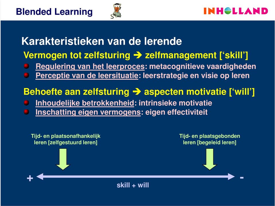 aspecten motivatie [ will ] Inhoudelijke betrokkenheid: intrinsieke motivatie Inschatting eigen vermogens: eigen