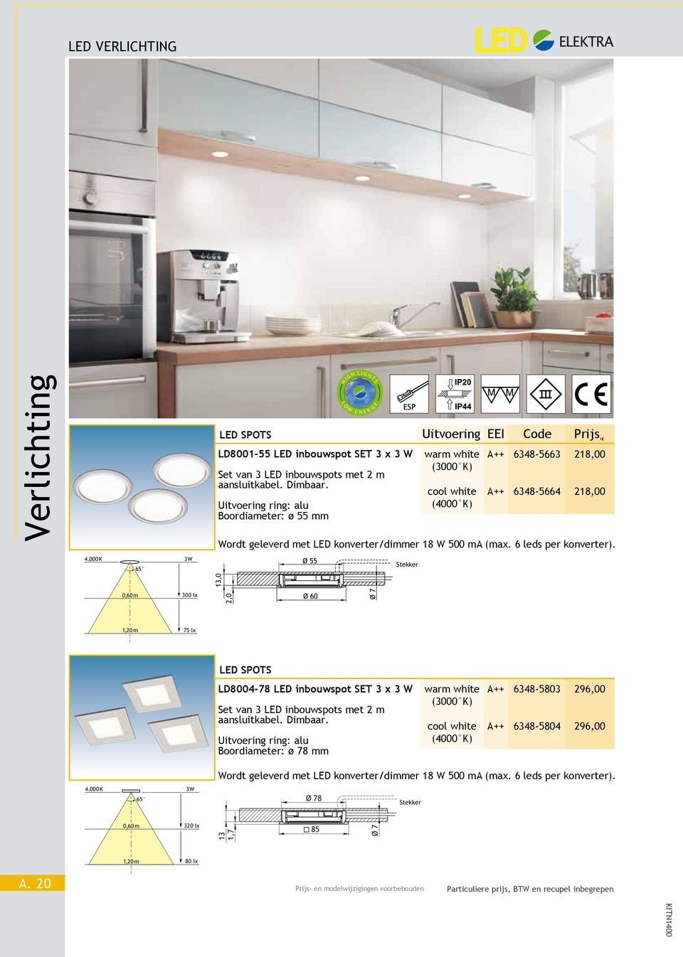 Uitvoering ring: alu Boordiameter: ø 55 mm warm white A++ 6348-5663 218,00 (3000 K) cool white A++ 6348-5664 218,00 (4000 K) Wordt geleverd met LED konverter/dimmer 18 W 500 ma (max.