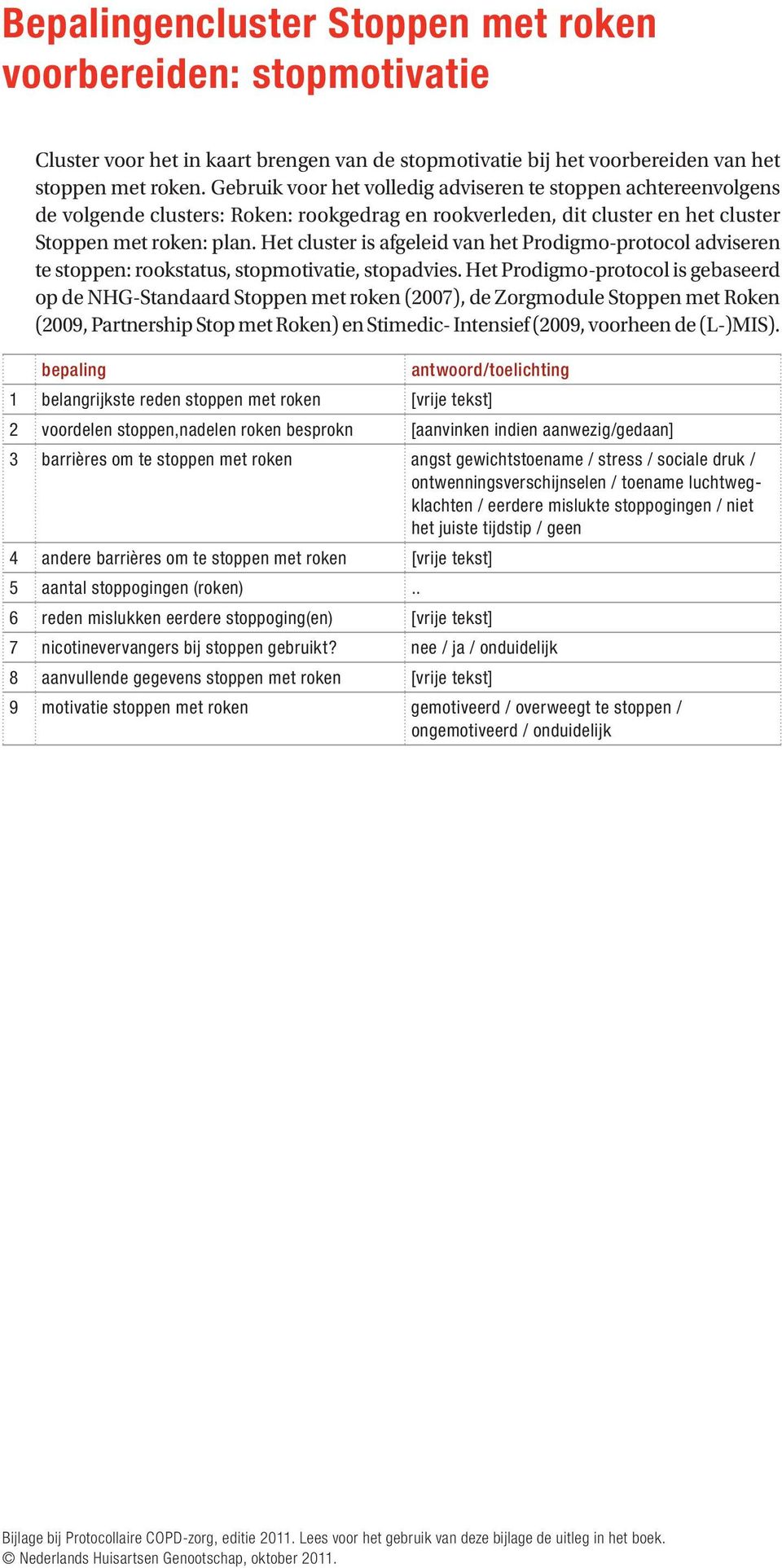 Het cluster is afgeleid van het Prodigmo-protocol adviseren te stoppen: rookstatus, stopmotivatie, stopadvies.