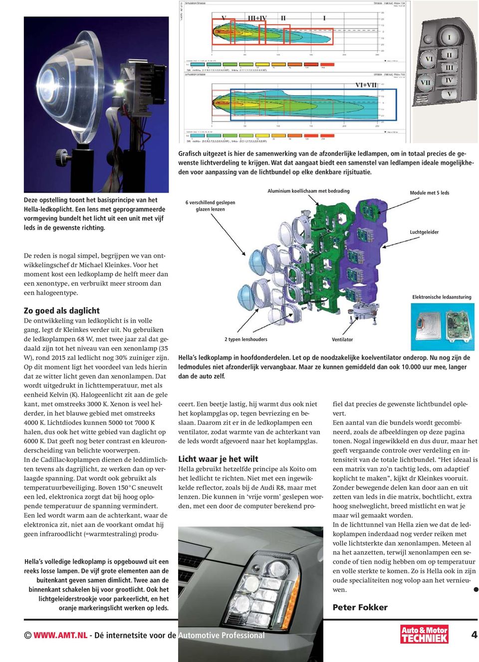 Deze opstelling toont het basisprincipe van het Hella-ledkoplicht. Een lens met geprogrammeerde vormgeving bundelt het licht uit een unit met vijf leds in de gewenste richting.