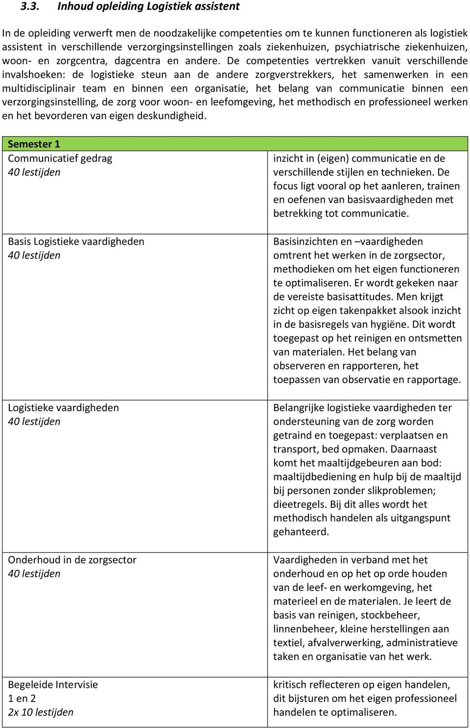 De competenties vertrekken vanuit verschillende invalshoeken: de logistieke steun aan de andere zorgverstrekkers, het samenwerken in een multidisciplinair team en binnen een organisatie, het belang