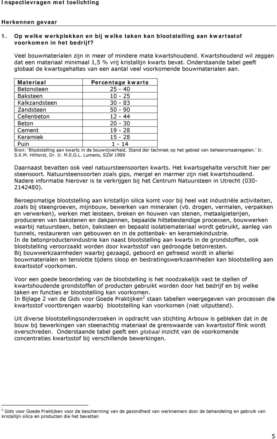 Onderstaande tabel geeft globaal de kwartsgehaltes van een aantal veel voorkomende bouwmaterialen aan.