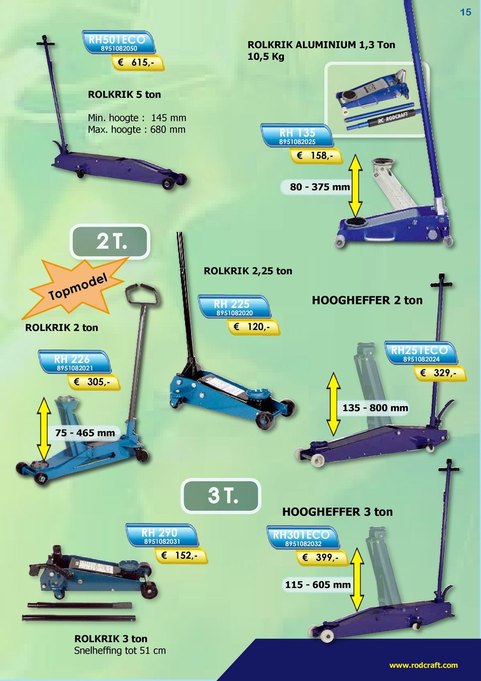 ROLKRIK 2,25 ton RH 225 8951082020 120,- HOOGHEFFER 2 ton RH251ECO 8951082024 329,- 135-800 mm 75-465 mm