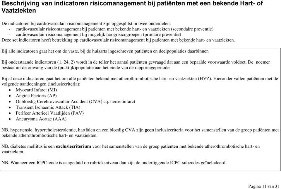 indicatoren heeft betrekking op cardiovasculair risicomanagement bij patiënten met bekende hart- en vaatziekten.