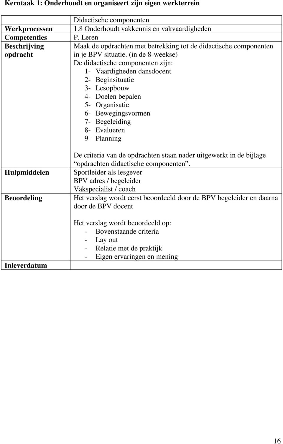 (in de 8-weekse) De didactische componenten zijn: 1- Vaardigheden dansdocent 2- Beginsituatie 3- Lesopbouw 4- Doelen bepalen 5- Organisatie 6- Bewegingsvormen 7- Begeleiding 8- Evalueren 9- Planning