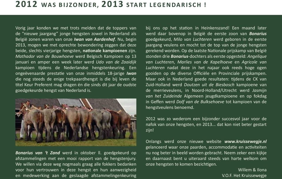 Nu, begin 2013, mogen we met oprechte bewondering zeggen dat deze beide, slechts vierjarige hengsten, nationale kampioenen zijn.