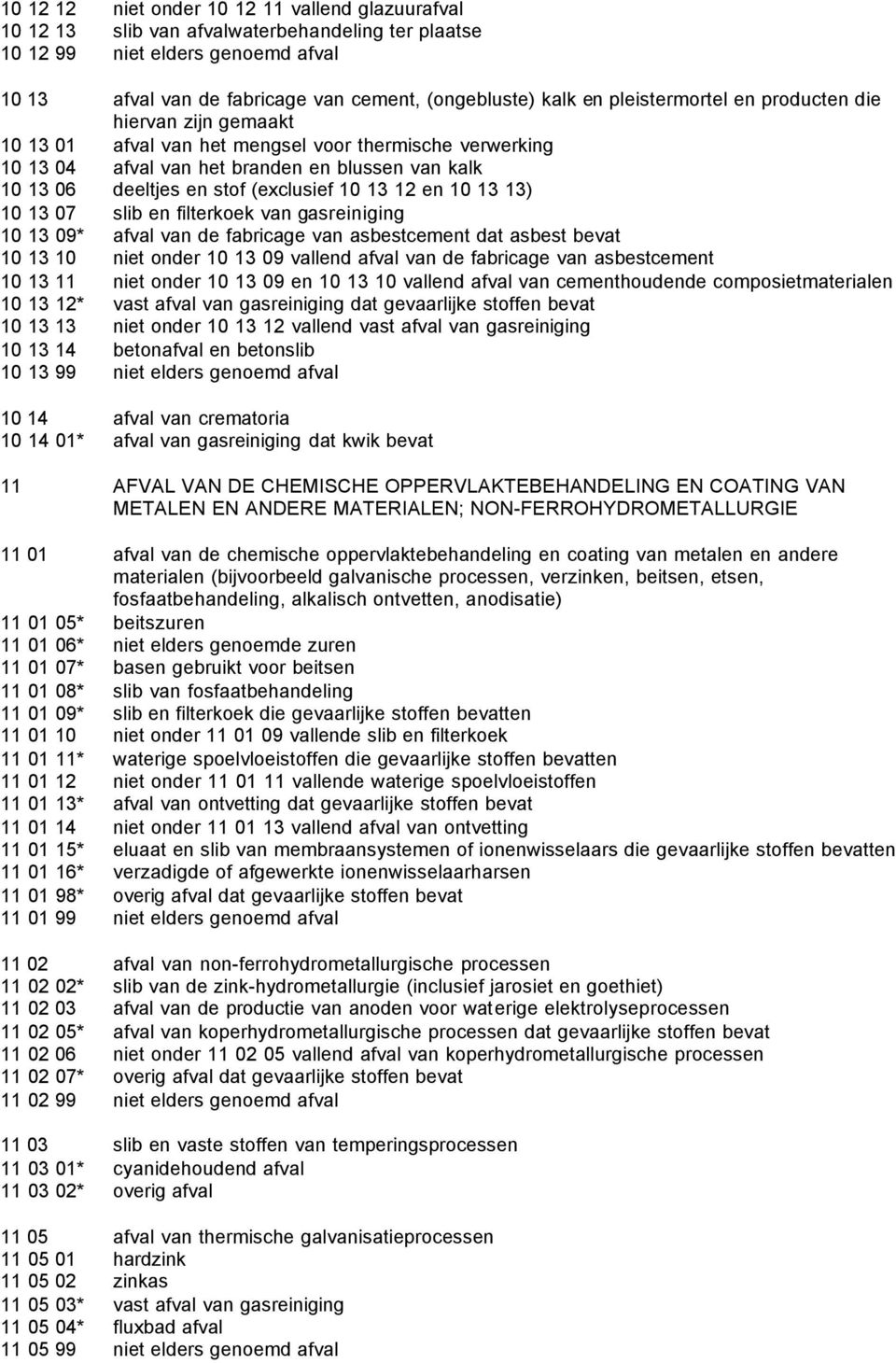 10 13 12 en 10 13 13) 10 13 07 slib en filterkoek van gasreiniging 10 13 09* afval van de fabricage van asbestcement dat asbest bevat 10 13 10 niet onder 10 13 09 vallend afval van de fabricage van