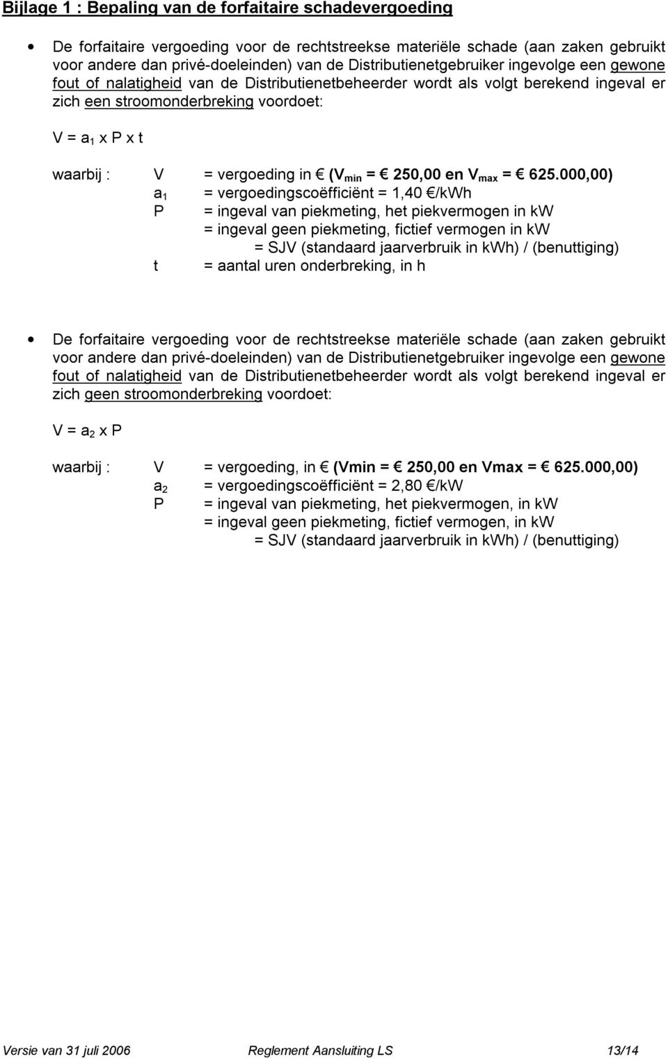 vergoeding in (V min = 250,00 en V max = 625.