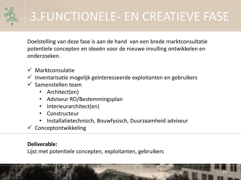 Marktconsulatie Inventarisatie mogelijk geïnteresseerde exploitanten en gebruikers Samenstellen team Architect(en) Adviseur