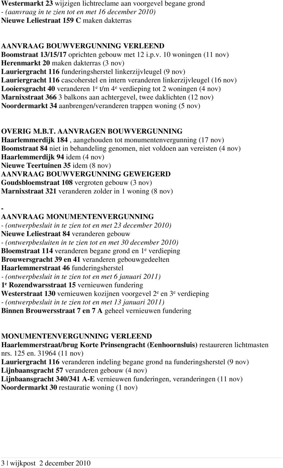 10 woningen (11 nov) Herenmarkt 20 maken dakterras (3 nov) Lauriergracht 116 funderingsherstel linkerzijvleugel (9 nov) Lauriergracht 116 cascoherstel en intern veranderen linkerzijvleugel (16 nov)