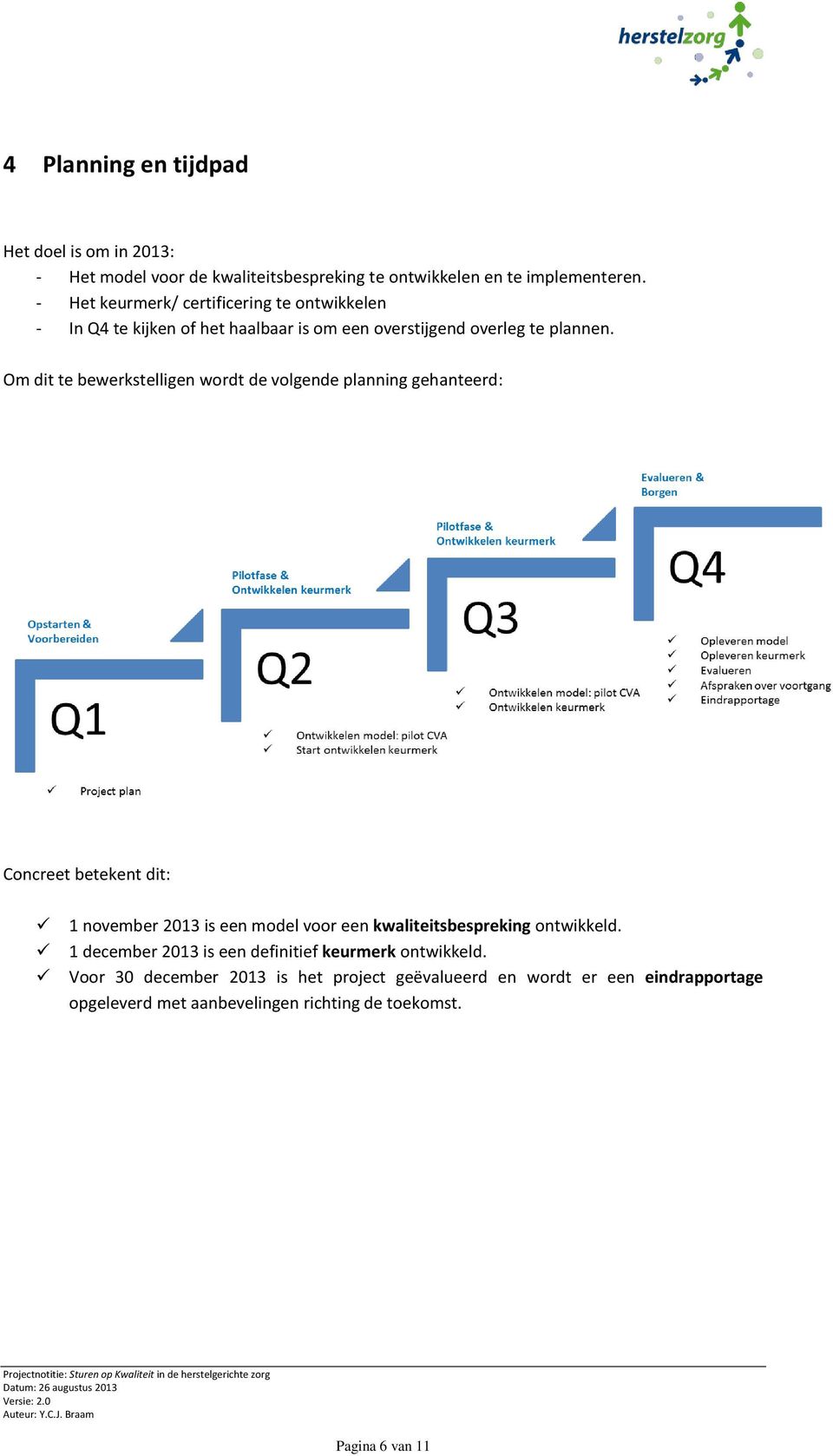 Om dit te bewerkstelligen wordt de volgende planning gehanteerd: Concreet betekent dit: 1 november 2013 is een model voor een kwaliteitsbespreking