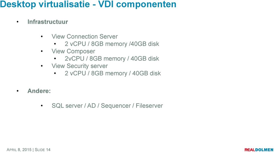 / 8GB memory / 40GB disk View Security server 2 vcpu / 8GB memory /