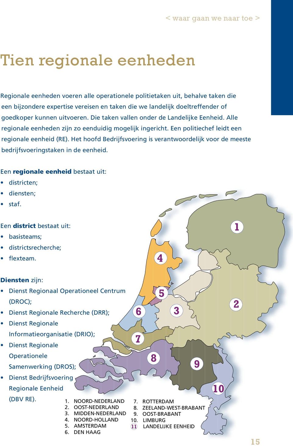 Een politiechef leidt een regionale eenheid (RE). Het hoofd Bedrijfsvoering is verantwoordelijk voor de meeste bedrijfsvoeringstaken in de eenheid.