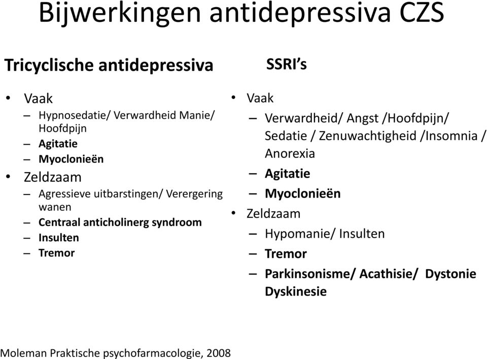 SSRI s Vaak Verwardheid/ Angst /Hoofdpijn/ Sedatie / Zenuwachtigheid /Insomnia / Anorexia Agitatie Myoclonieën