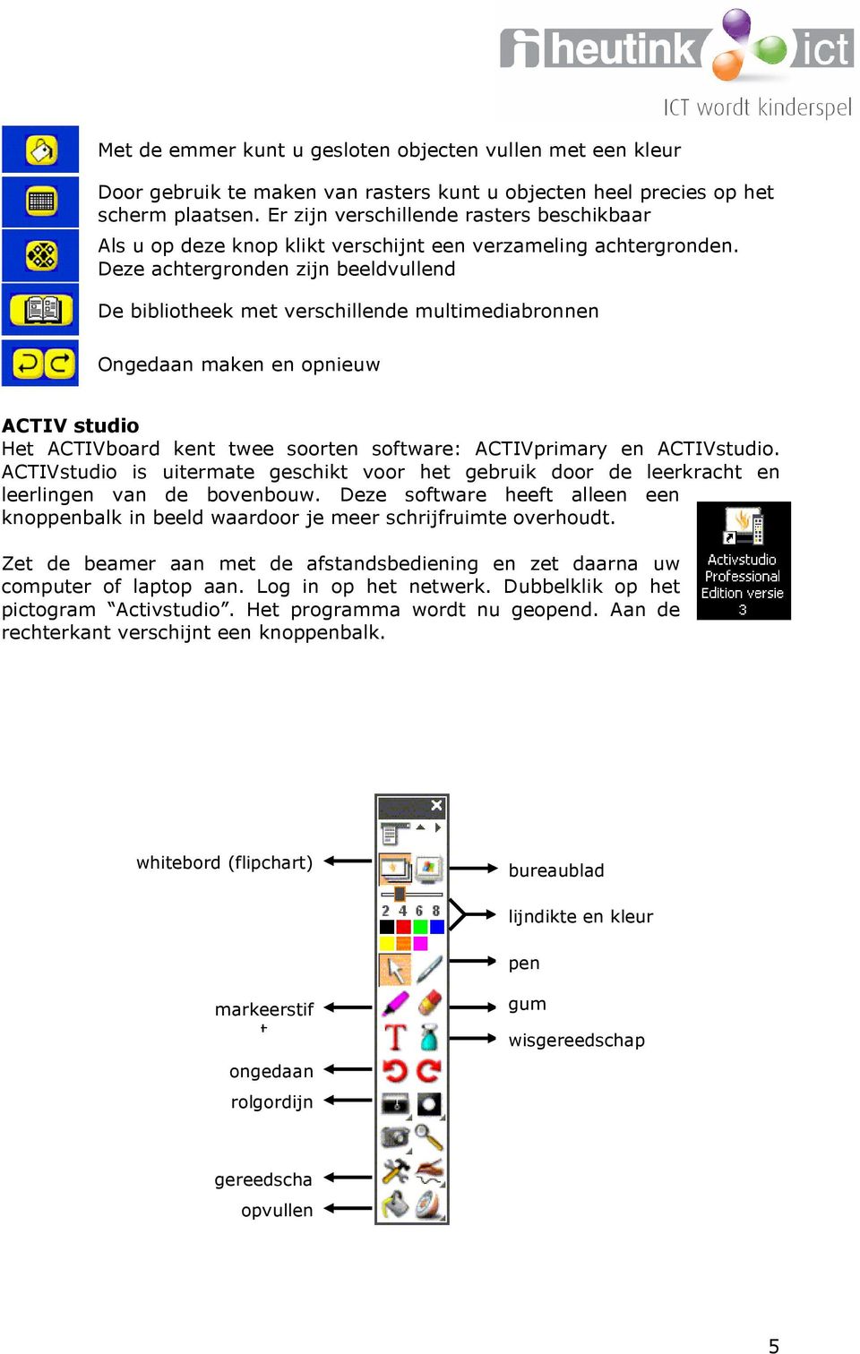 Deze achtergronden zijn beeldvullend De bibliotheek met verschillende multimediabronnen Ongedaan maken en opnieuw ACTIV studio Het ACTIVboard kent twee soorten software: ACTIVprimary en ACTIVstudio.